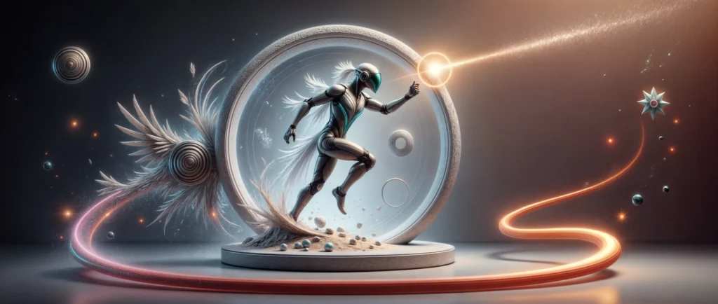 Figura futurista de Aetherion corriendo a través de un portal circular luminoso, simbolizando la conversión de ideas en experiencias digitales innovadoras, destacando el dinamismo y la creatividad tecnológica de Birdeep Studio.