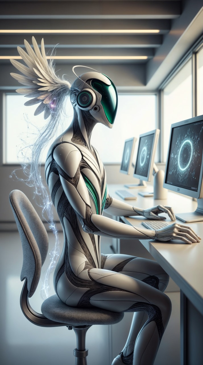 Aetherion sentado frente a un escritorio, simbolizando la unión de tecnología y arte con un diseño futurista que refleja la estética de Birdeep Studio.