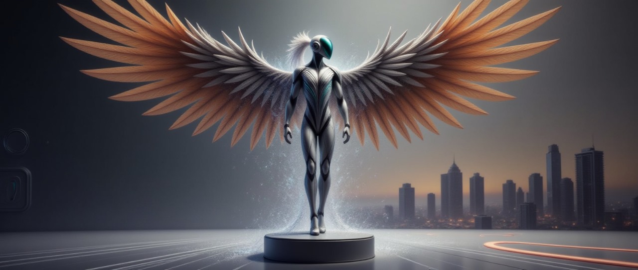 Aetherion, una figura futurista con alas luminosas, representando la innovación tecnológica y la creatividad digital en Birdeep Studio