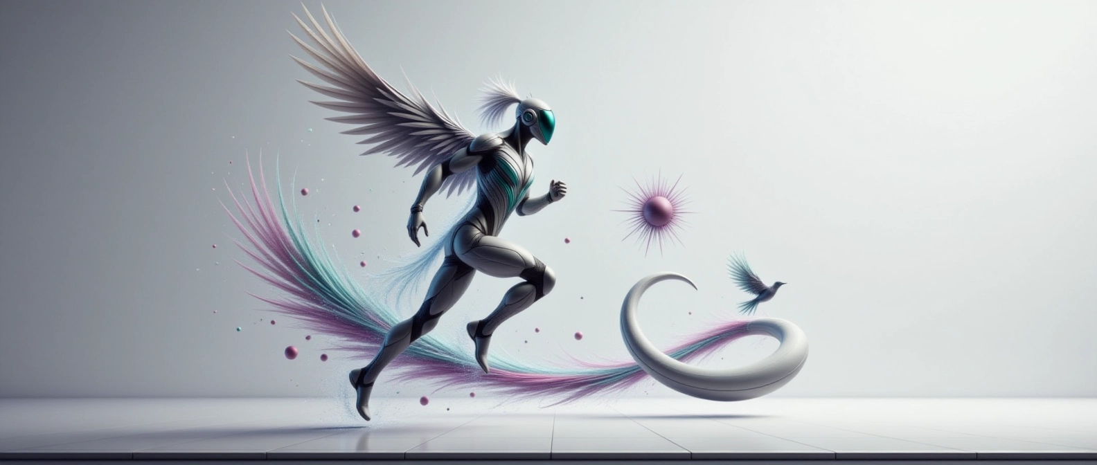 Figura futurista de Aetherion corriendo, simbolizando el dinamismo y la innovación tecnológica en Birdeep Studio.