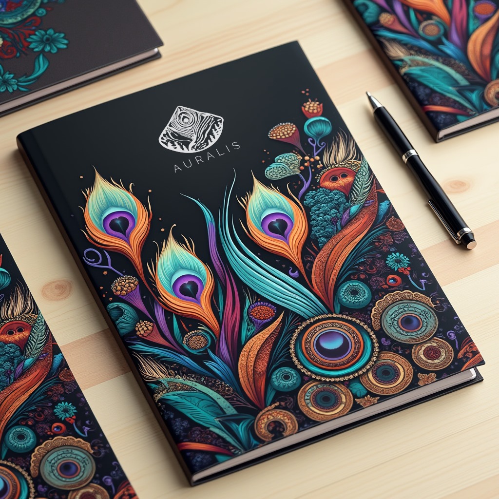 Imagen de una agenda inspiradora de Auralis con un diseño artístico que incluye plumas de pavo real y patrones mandálicos coloridos. La agenda está abierta sobre una mesa de madera junto a un bolígrafo y lápices de colores.