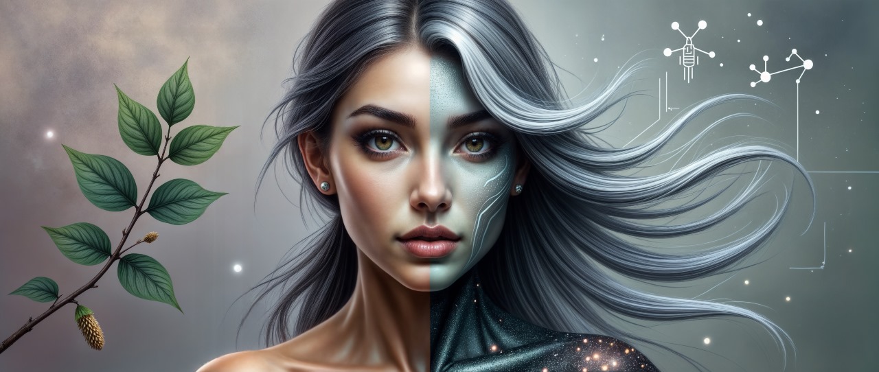 Mujer representando el equilibrio entre tecnología y naturaleza, simbolizando la dualidad en la narrativa de marcas conscientes