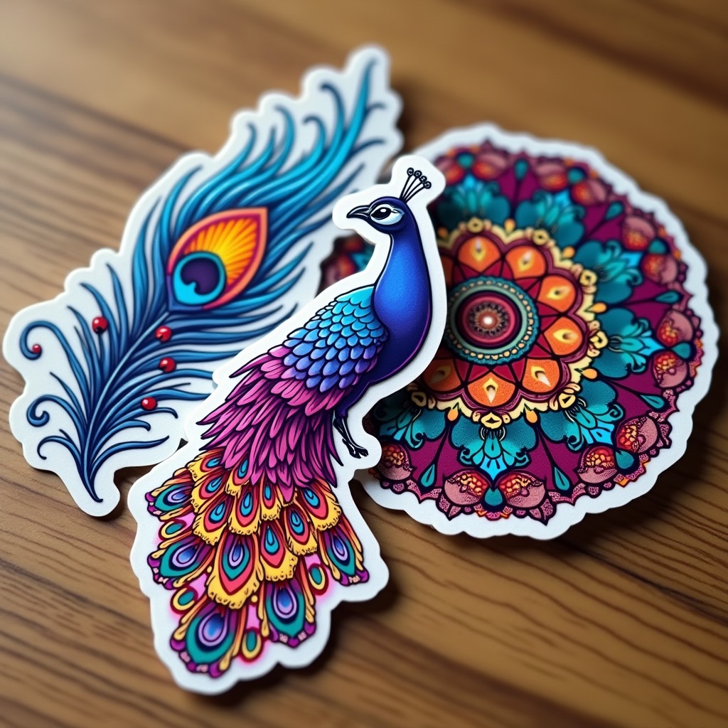 Un set de tres stickers artísticos de alta calidad inspirados en el diseño de Auralis. Incluye un pavo real vibrante, una pluma elegante y un mandala colorido, representando la esencia de bienestar, creatividad y espiritualidad de la marca. Ideal para personalización de papelería, empaques y merchandising.
