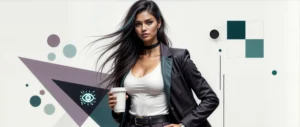 Sofía, la embajadora digital de Birdeep Studio sosteniendo un café, con fondo geométrico en tonos verdes y morados