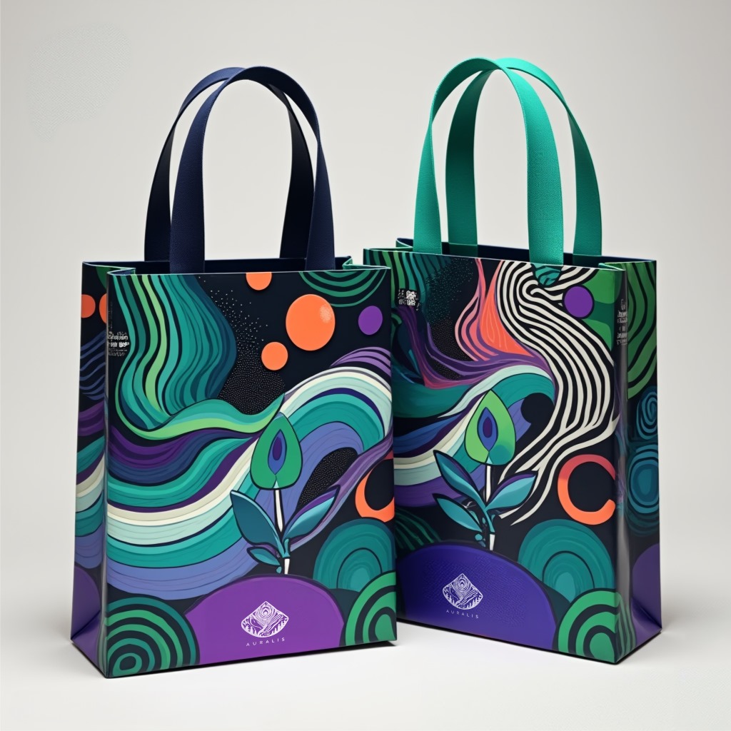Bolsas de diseño creativo y sostenible de Auralis, con patrones abstractos y colores vibrantes.