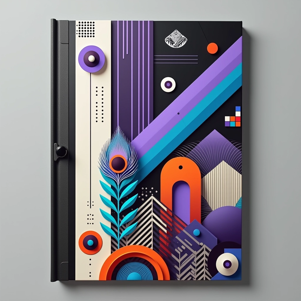 Carpeta corporativa de Auralis con diseño moderno y creativo, destacando patrones geométricos, colores vibrantes como morado y teal, y un toque de elegancia que refuerza la identidad de marca.