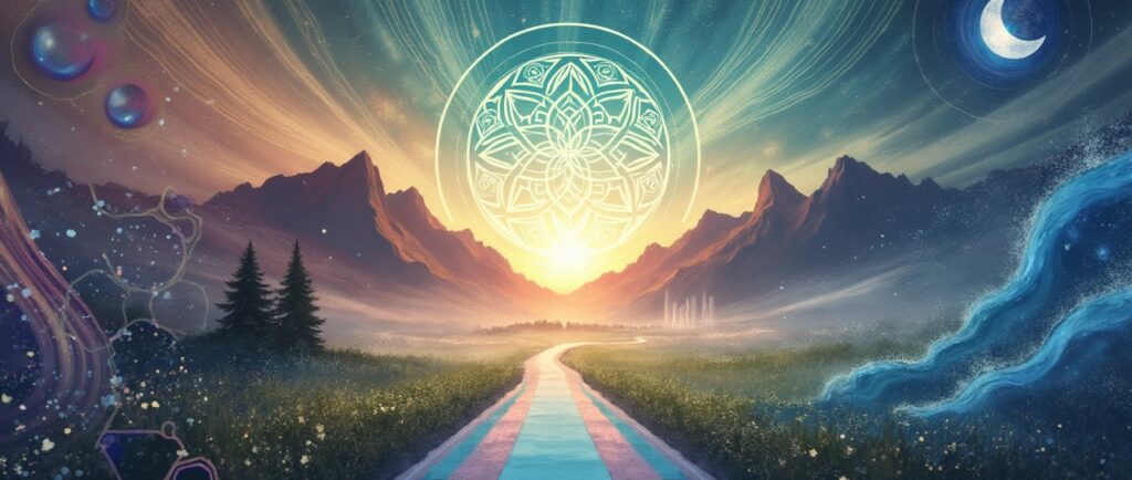 Camino hacia un amanecer rodeado de montañas y un mandala luminoso, simbolizando la creación de conexiones memorables y la búsqueda de propósito y bienestar.