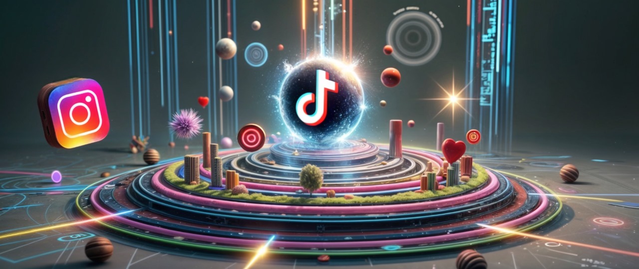 Imagen futurista con íconos de Instagram y TikTok flotando sobre una plataforma digital, simbolizando la creación de contenido visual impactante en redes sociales.