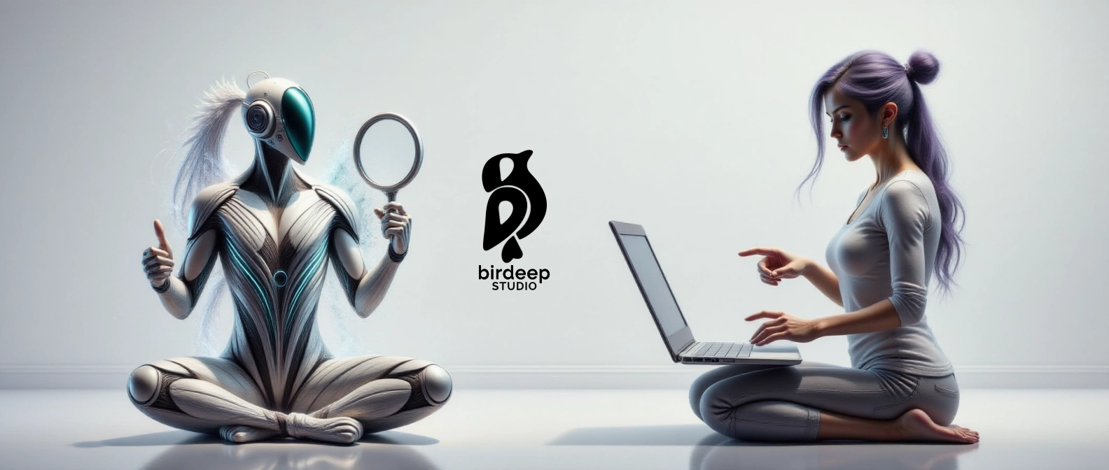 Estrategias Digitales en Birdeep Studio. Aetherion analizando con lupa, mientras Sofía interactúa con un laptop, optimizando presencia digital a través de SEO y campañas digitales.