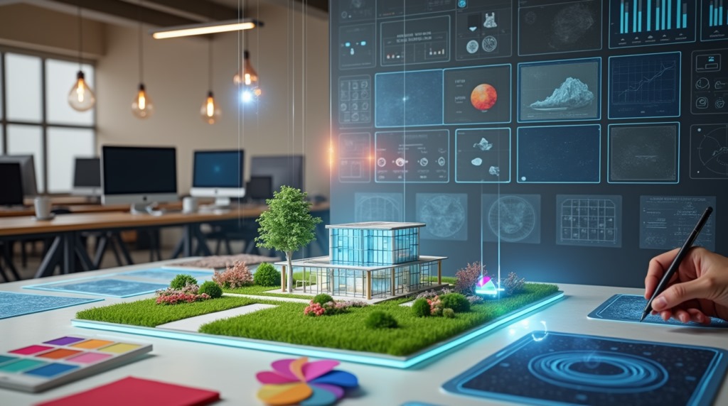 Imagen de un entorno creativo que muestra un modelo arquitectónico tridimensional, con elementos visuales y gráficos que simbolizan la planificación del diseño con coherencia visual.
