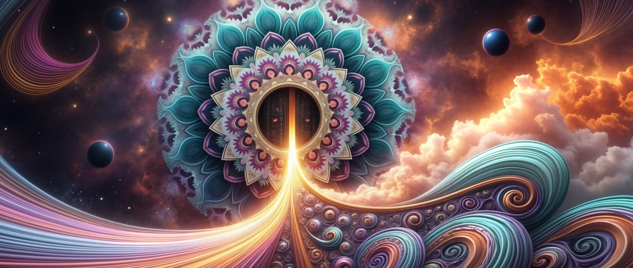 Diseño psicodélico con patrones fractales y mandalas, representando la expansión creativa y el flujo natural de las identidades de marca.