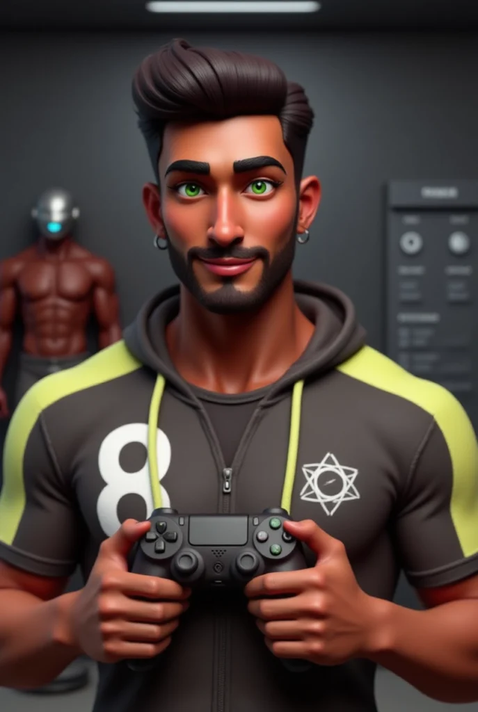 Embajador virtual caricaturesco masculino sosteniendo un control de videojuegos en un entorno futurista.