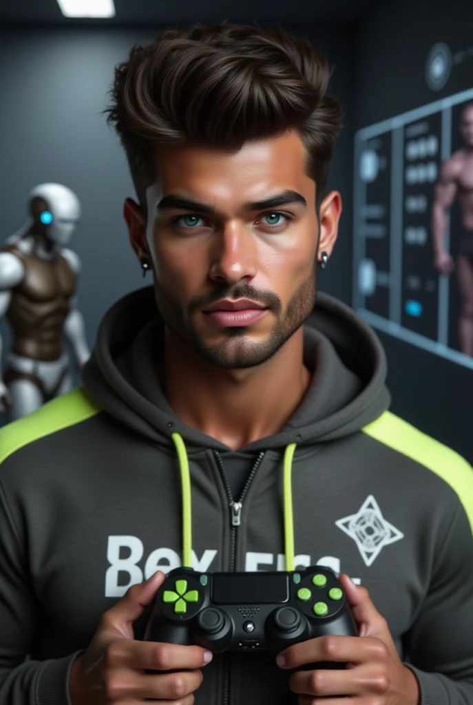 Embajador virtual masculino sosteniendo un control de videojuegos en un entorno futurista.