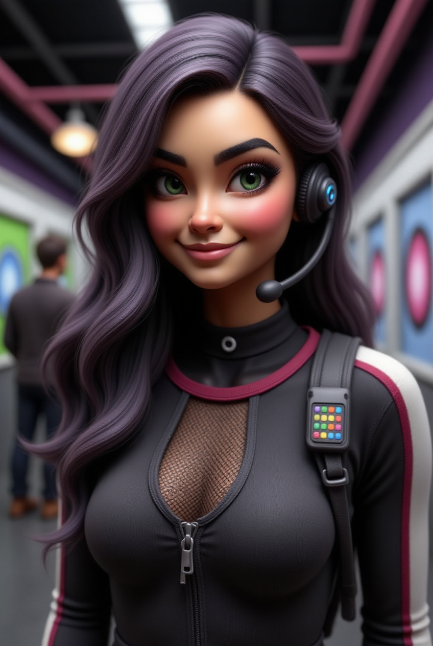Embajadora virtual caricaturesca femenina con auriculares futuristas en un entorno digital moderno