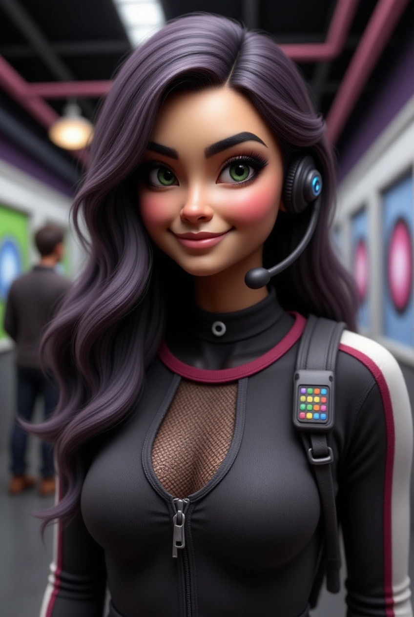 Embajadora virtual caricaturesca femenina con auriculares futuristas en un entorno digital moderno.