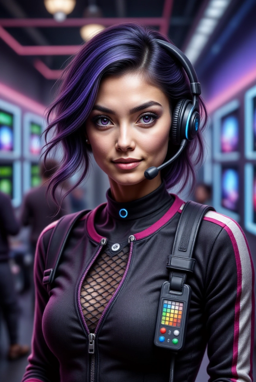 Embajadora virtual femenina con auriculares futuristas en un entorno digital moderno.