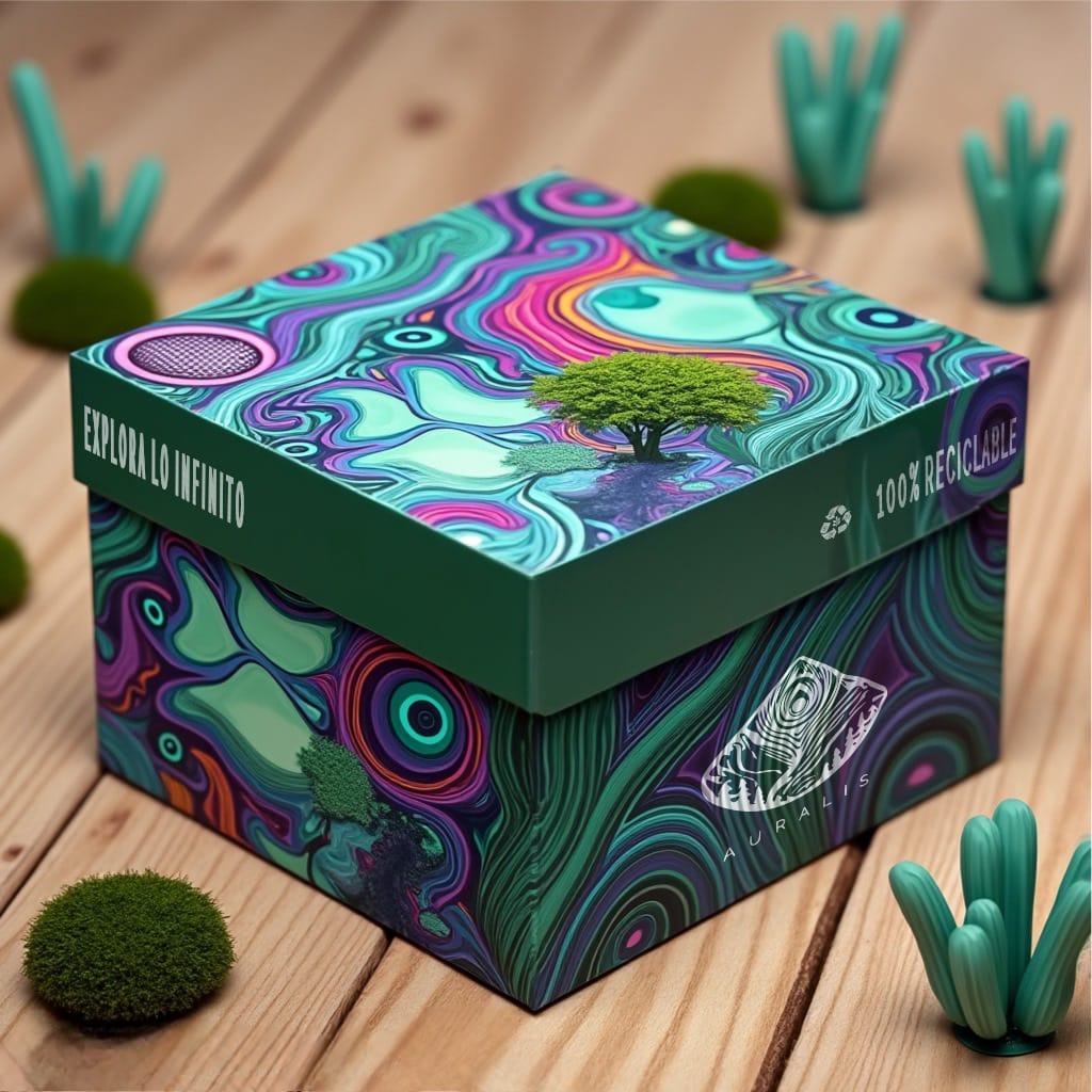 Caja de diseño psicodélico con mensaje 'Explora lo infinito', destacando sostenibilidad y creatividad en los empaques de Auralis.
