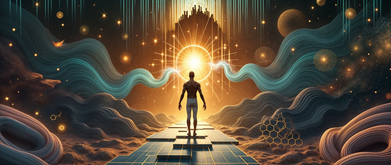 Figura humana avanzando hacia un portal de luz, representando la exploración creativa y el descubrimiento de la esencia de una marca.