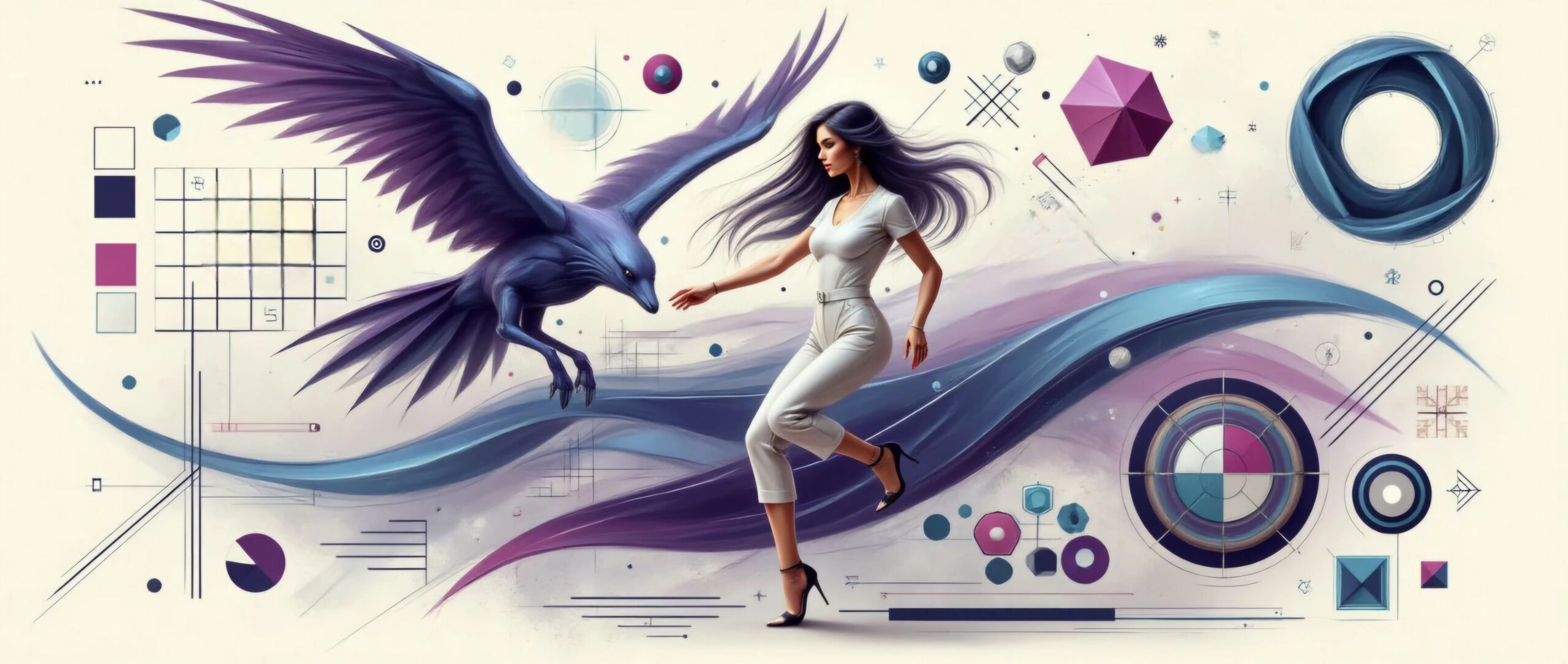 Diseño de Identidad de Marca con Storytelling Visual de Birdeep Studio. Mujer conectando con un cuervo negro en un entorno abstracto y geométrico.