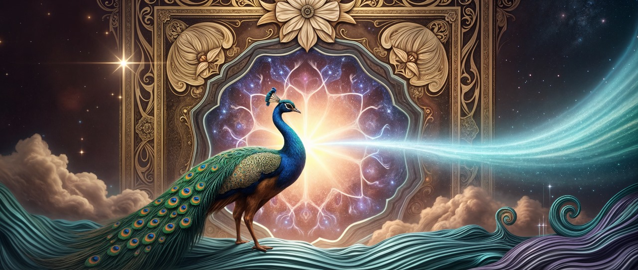 Pavo real frente a un portal cósmico iluminado, simbolizando la apertura y la conexión emocional que genera el storytelling visual.