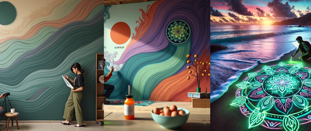 Murales artísticos y diseño de Auralis, fusionando creatividad y bienestar con mandalas y patrones naturales.