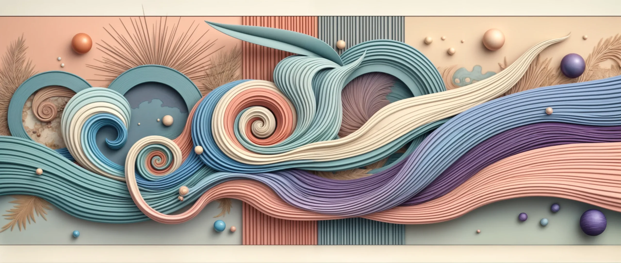 Mural abstracto en tonos suaves con formas onduladas, espirales y texturas, que representa la creatividad y la filosofía de Birdeep Studio.