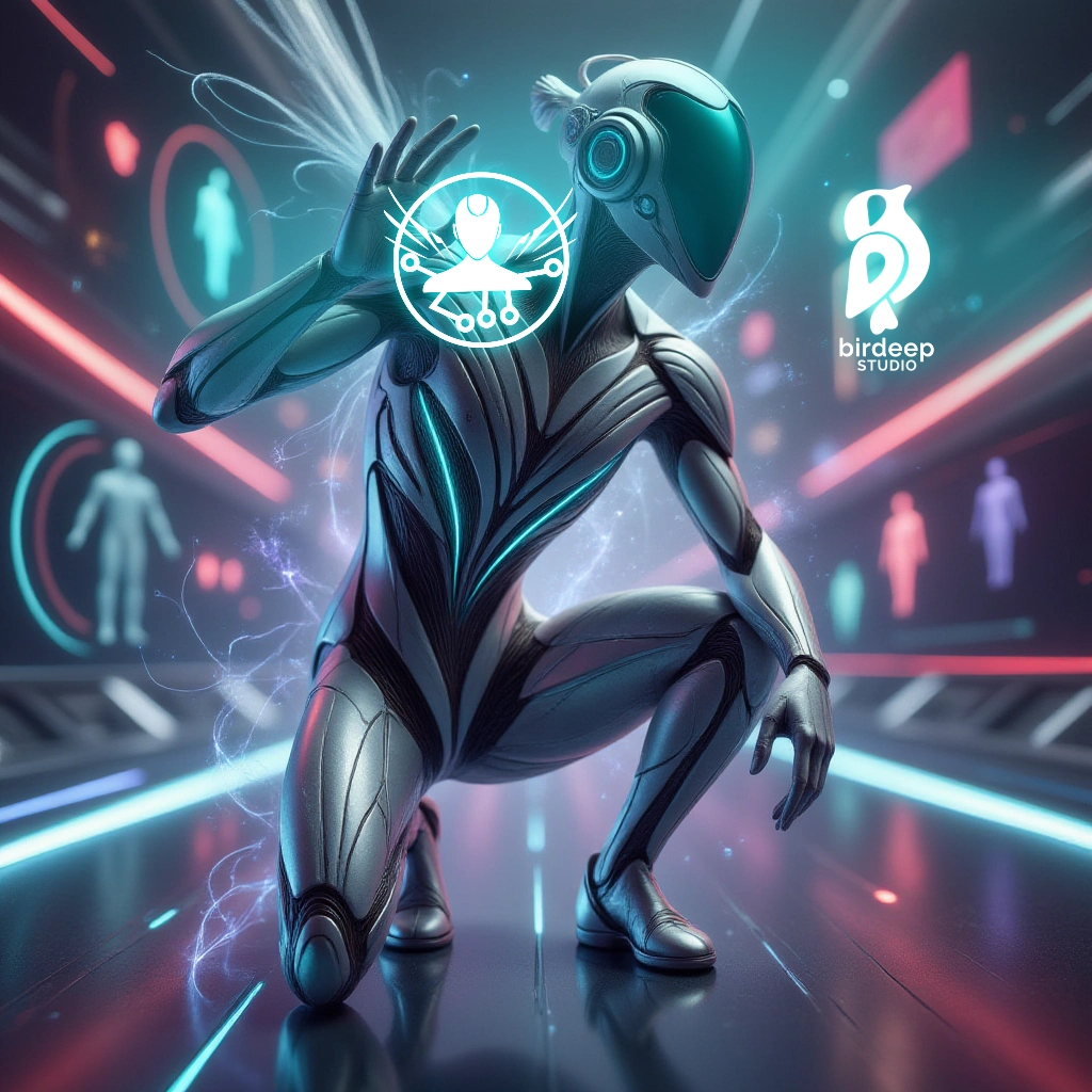 Presentación de nuevos servicios en Birdeep Studio - Ætherion en un entorno futurista simbolizando la evolución digital y la creatividad.