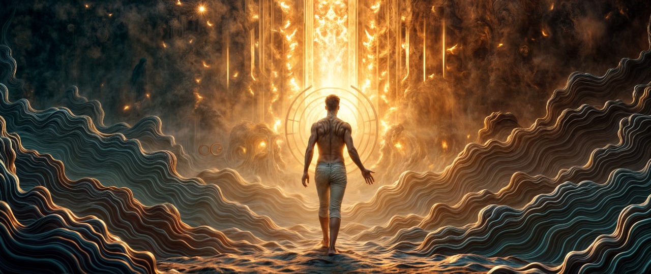 Figura caminando hacia un portal luminoso, simbolizando el proceso creativo de Auralis que conecta tecnología y emoción.