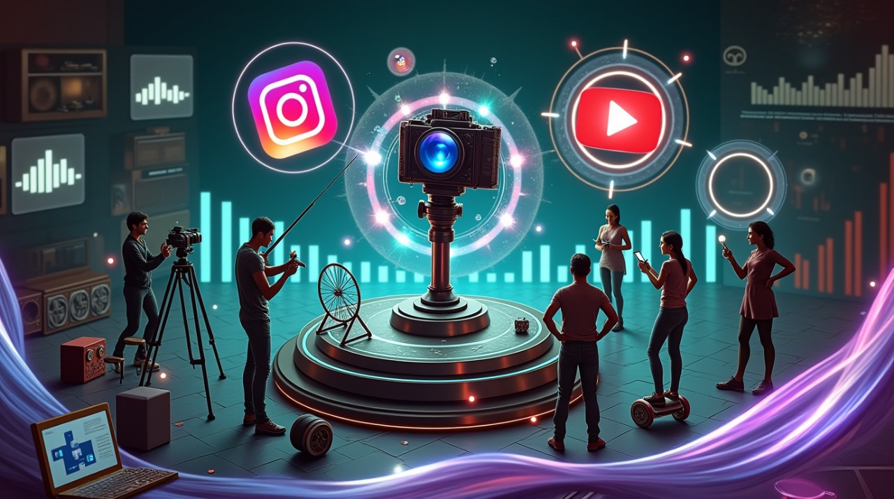 Personas trabajando alrededor de una cámara profesional con íconos de redes sociales como Instagram y YouTube, representando la creación de reels y videos para contar historias visuales atractivas.
