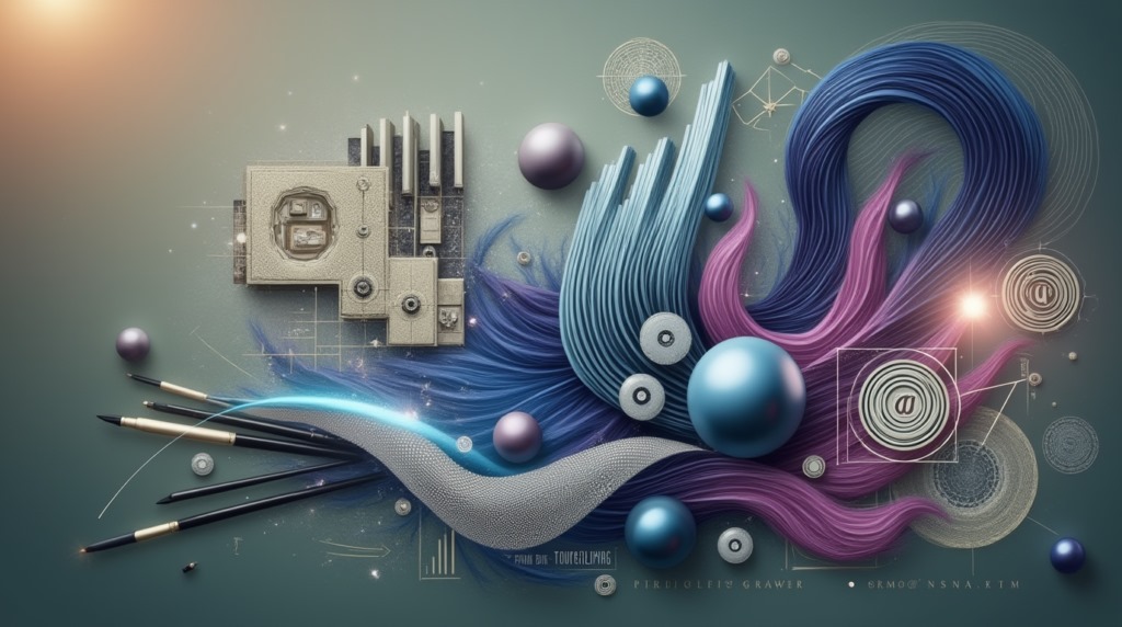 Imagen conceptual que muestra elementos creativos y abstractos como pinceles, texturas y gráficos, simbolizando el diseño de imagen de marca como una herramienta clave para el storytelling.