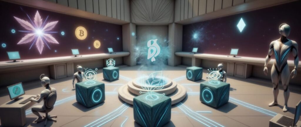 Sala futurista con hologramas y cubos digitales mostrando iconos de Bitcoin, Ethereum y NFTs, simbolizando los servicios tecnológicos de Birdeep Studio.
