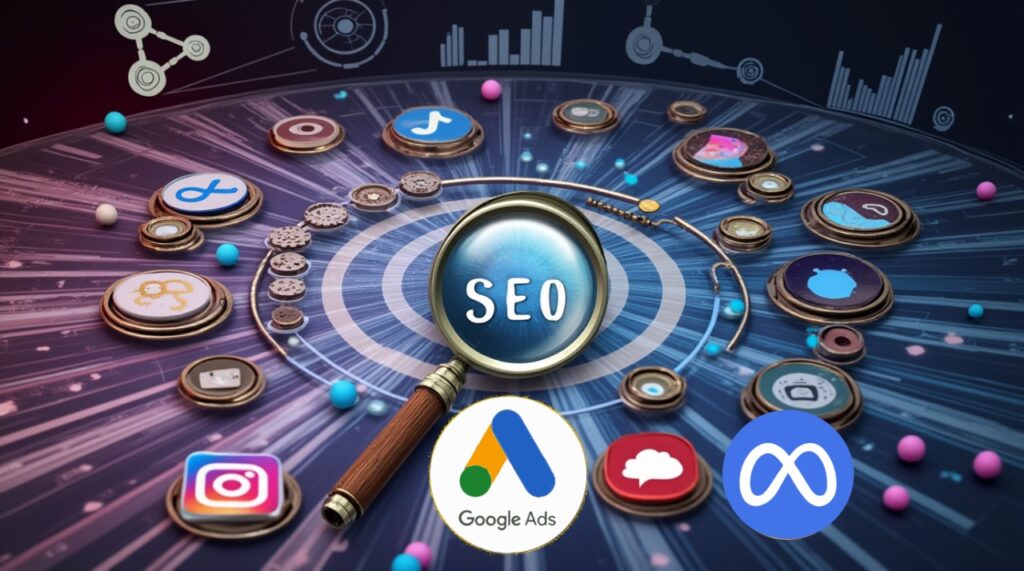 Imagen digital que combina una lupa con la palabra SEO, íconos de redes sociales y logotipos de Google Ads y Meta Ads, simbolizando la sinergia entre SEO, redes sociales y publicidad digital.