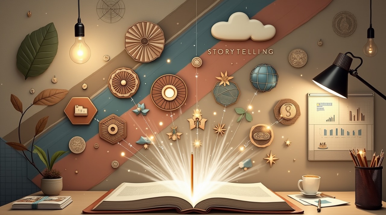Ilustración artística de un libro abierto del que emergen elementos visuales como estrellas, globos y hojas, simbolizando el storytelling en el diseño de marca.