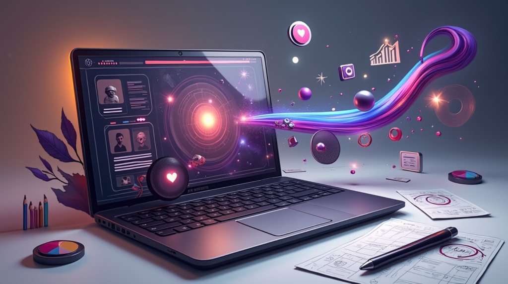 Laptop con elementos visuales emergentes como gráficos, íconos y colores vibrantes, representando el storytelling en el diseño web y la conexión emocional con los usuarios.