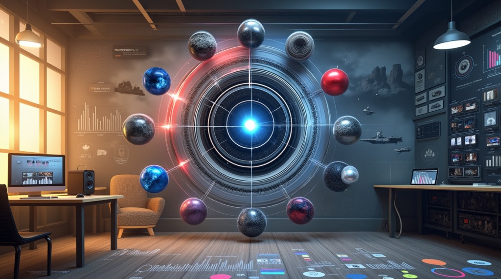 Imagen de un entorno de diseño web con elementos futuristas y un esquema visual interactivo, representando la implementación del storytelling en plataformas digitales.