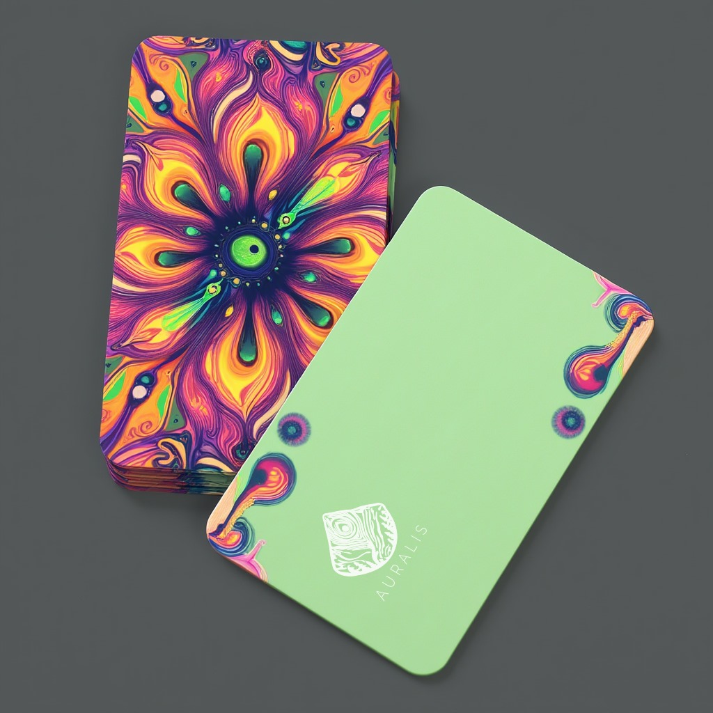 Tarjeta de presentación de Auralis con diseño psicodélico y elementos orgánicos, destacando el logo de la marca sobre un fondo verde con patrones vibrantes que transmiten creatividad y conexión espiritual.