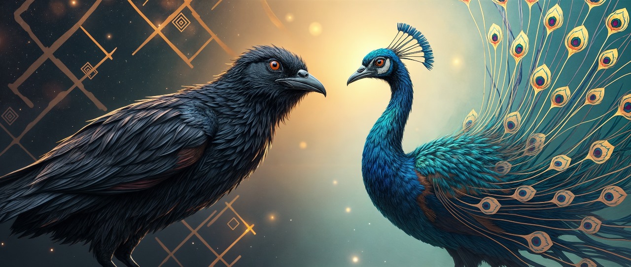 Cuervo y pavo real frente a frente, simbolizando la transición de Birdeep Studio hacia Auralis y el equilibrio entre razón y emoción.